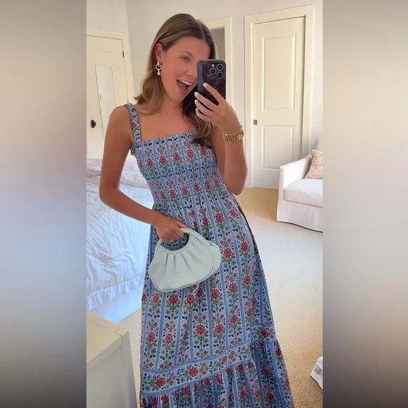 Hill House Anjuli Nap Smocked Cotton Midi Maxi Dress Blue Floral Block Stripe - Picture 9 of 10